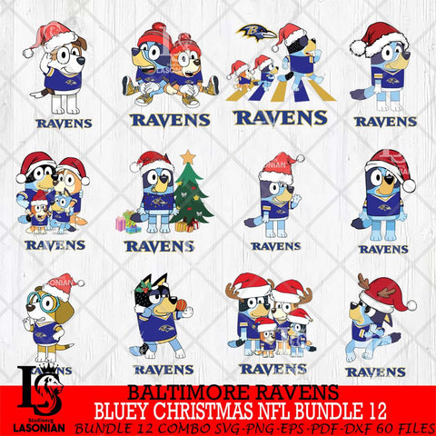 Baltimore Ravens Bluey Christmas NFL Bundle 12 Svg Eps Dxf Png File,Cut Svg Files, Digital File, Sublimation