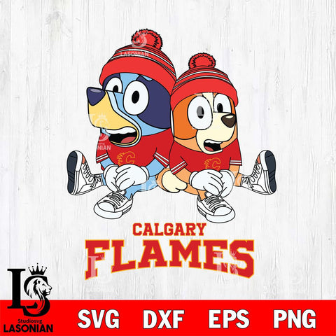 Calgary Flames Christmas Bluey & Bingo Sit Svg, Christmas Svg , NHL svg , Digital Download, dxf eps png pdf file