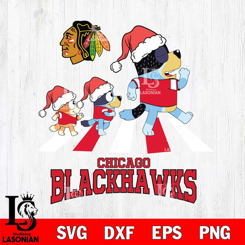 Chicago Blackhawks Christmas Family Bluey Walking Svg, Christmas Svg , NHL svg , Digital Download, dxf eps png pdf file