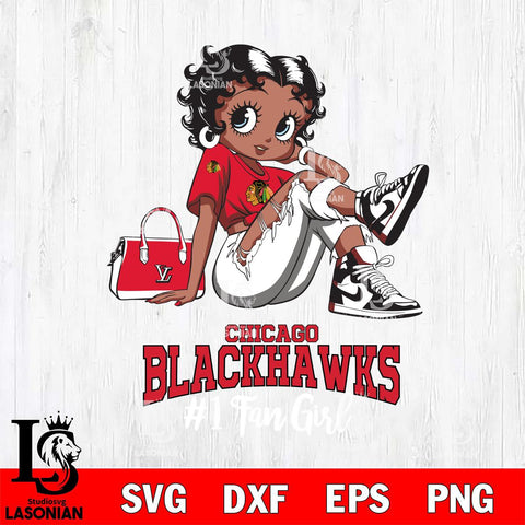 Chicago Blackhawks #1 Black Fan Girl Betty Boop, Svg Eps Dxf Png File, Digital Download