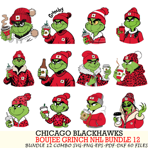 Chicago Blackhawks  Boujee Grinch NHL Bundle 12 SVG Eps Dxf Png File, Digital Download, Instant Download