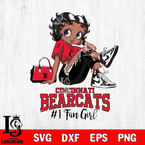 Cincinnati Bearcats #1 Black Fan Girl Betty Boop, Svg Eps Dxf Png File, Digital Download