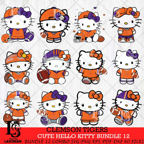 Clemson Tigers Cute Hello Kitty Bundle 12 SVG Eps Dxf Png File, NCAA Bundle svg, Digital Download, Instant Download