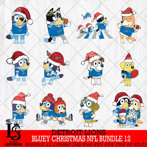 Detroit Lions  Bluey Christmas NFL Bundle 12 SVG Svg Eps Dxf Png File, Digital Download, Instant Download