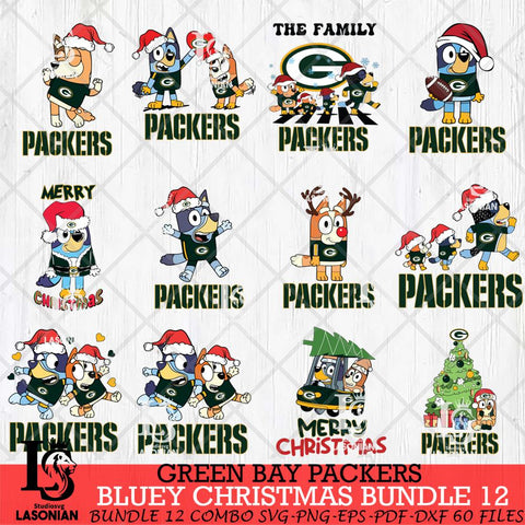 Green Bay Packers Bluey Christmas Holiday Bundle 12 Svg Eps Dxf Png File, Digital Download