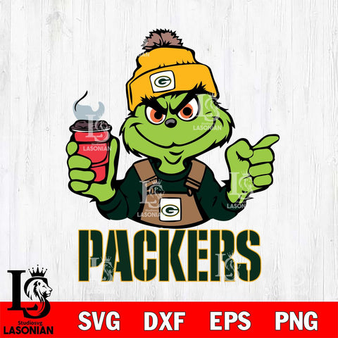 Green Bay Packers Grinch with coffee Svg Eps Dxf Png File, Digital Download, Instant Download