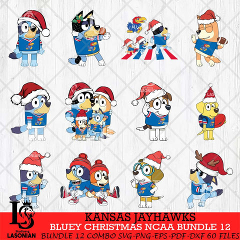 Kansas Jayhawks Bluey Christmas NCAA Bundle 12 SVG Eps Dxf Png File, Digital Download, Instant Download