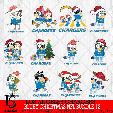 Los Angeles Chargers Bluey Christmas NFL Bundle 12 Svg Eps Dxf Png File,Cut Svg Files, Digital File, Sublimation