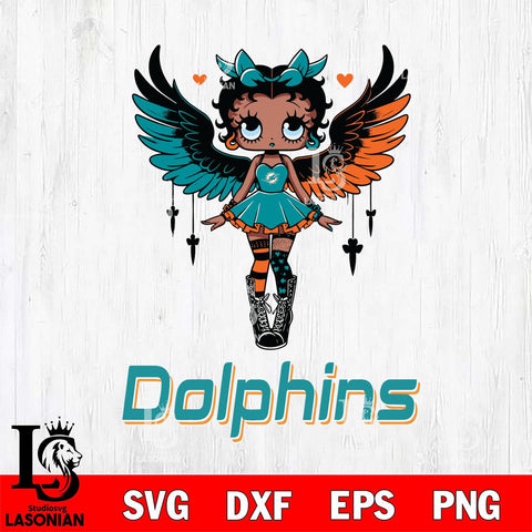 Miami Dolphins Anglel Black Fan Girl Betty Boop Svg Eps Dxf Png File, Digital Download, Instant Download