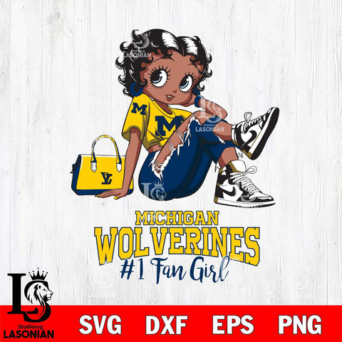 Michigan Wolverines #1 Black Fan Girl Betty Boop, Svg Eps Dxf Png File, Digital Download