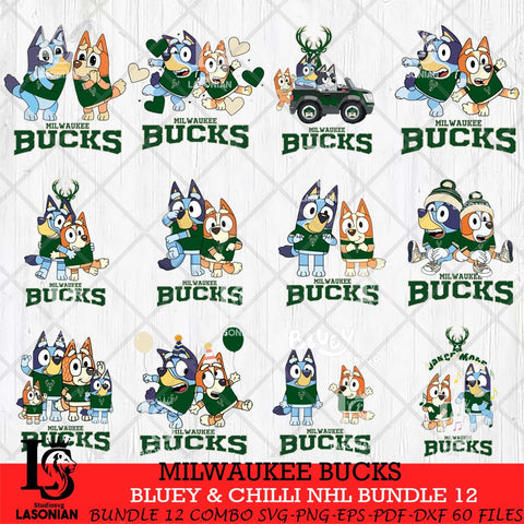 Milwaukee Bucks Bluey & Bingo NBA Bundle 12 SVG Eps Dxf Png File, Bundle NBA svg, Digital Download, Instant Download