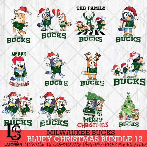 Milwaukee Bucks Bluey Happy Christmas Bundle 12 Svg Eps Dxf Png File, Digital Download