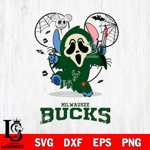 Milwaukee Bucks Stitch Ghost Face Halloween 2 Svg Eps Dxf Png File, Digital Download, Instant Download