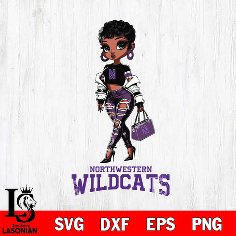 Northwestern Wildcats Beautiful Black Fan Girl, Svg Eps Dxf Png File, Digital Download