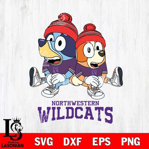 Northwestern Wildcats Christmas Bluey & Bingo Sit Cut Files,Bluey Cricut,Christmas Svg , Bluey svg , Digital Download, dxf eps png pdf file