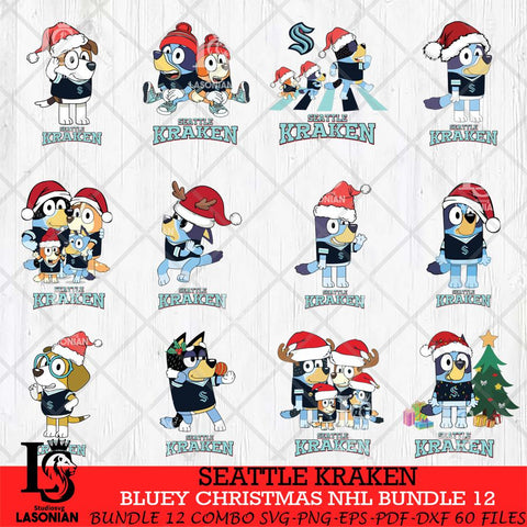 Seattle Kraken Bluey Christmas NHL Bundle 12 Cricut , Christmas Svg , Bluey svg , Digital Download, dxf eps png pdf file