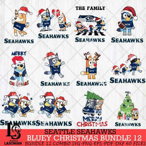 Seattle Seahawks Bluey Christmas Holiday Bundle 12 Svg Eps Dxf Png File, Digital Download