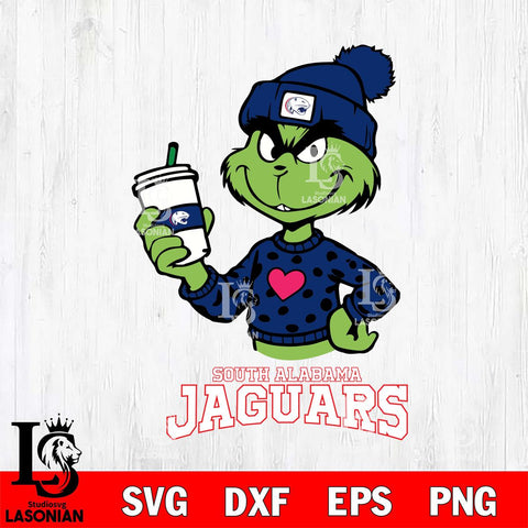 South Alabama Jaguars Boujee Grinch Heart Christmas Cut Files Cricut, Svg Dxf Eps Png file, Digital download , Silhouette