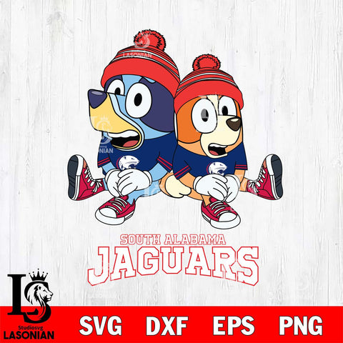 South Alabama Jaguars Christmas Bluey & Bingo Sit Cut Files,Bluey Cricut,Christmas Svg , Bluey svg , Digital Download, dxf eps png pdf file