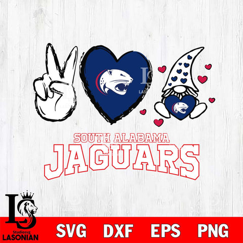 South Alabama Jaguars Gnomes Peace & Love Svg Eps Dxf Png File, Digital Download, Instant Download