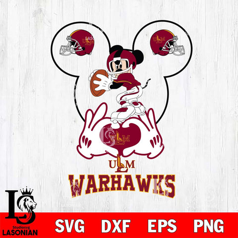 UL Monroe Warhawks Mickey Heart Rugby Svg Eps Dxf Png File, Digital Download ,Instant Download, Cricut File