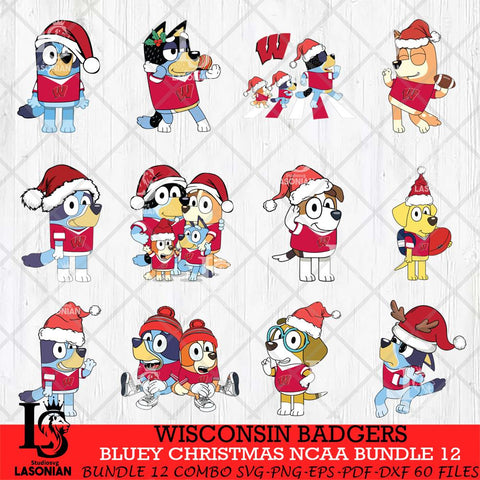 Wisconsin Badgers Bluey Christmas NCAA Bundle 12 SVG Eps Dxf Png File, Digital Download, Instant Download