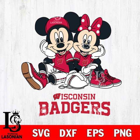 Wisconsin Badgers Mickey Minnie Mouse Football Sit Svg Eps Dxf Png File, NCAA svg , File Cut , Digital Download , Instant Download, Cut Svg Files