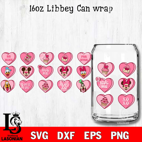 Disney valentines 16oz Libbey Can Glass, Valentines Day Tumbler Wrap svg eps dxf png file, digital download